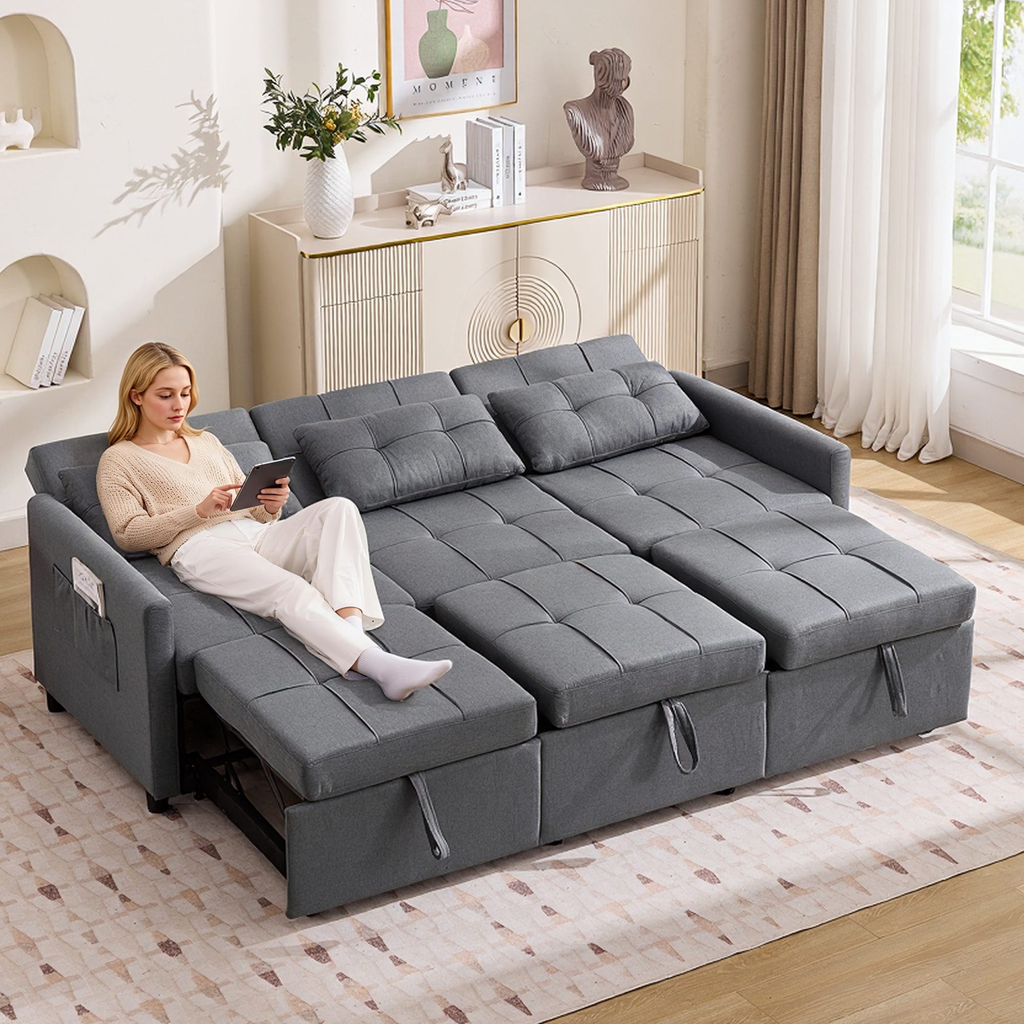 Divano Letto Allungabile In Flanella - Da Divano 90x200 Cm A Letto 180x200 Cm, Portata 370 Kg, Colore Grigio Classico