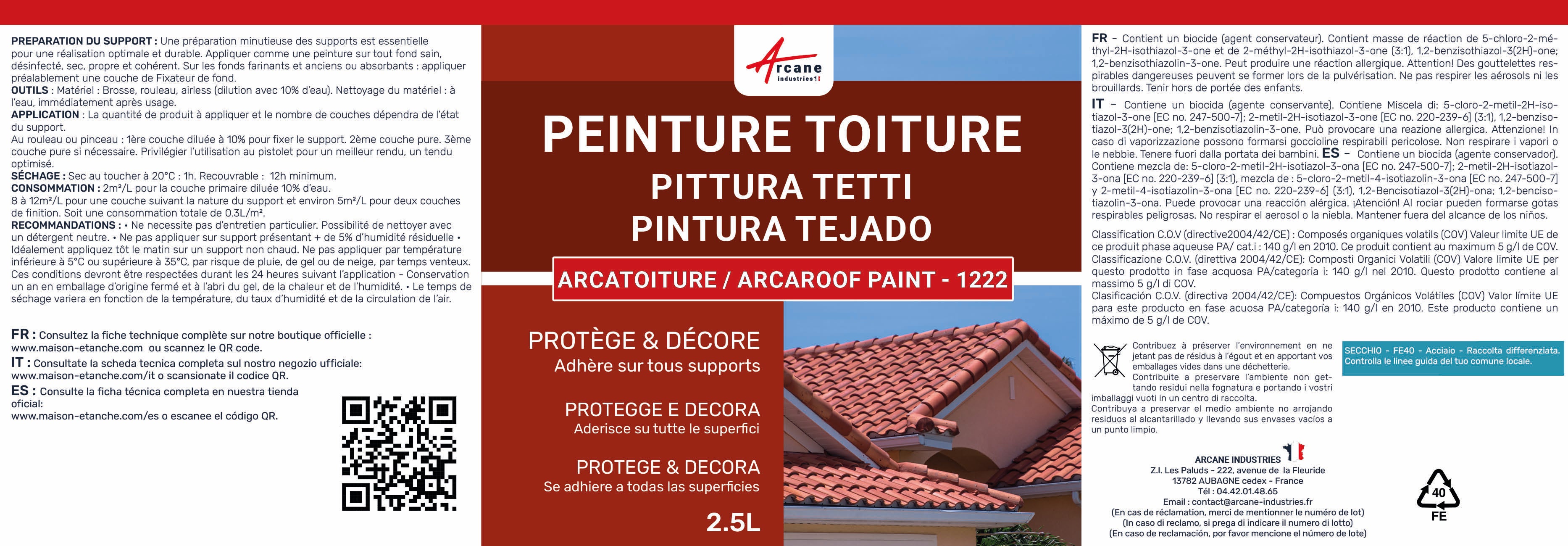 Peinture Toiture pour tuiles ou toiture en matériau poreux : ARCATOITURE Gris fenetre - RAL 7040 - 2.5 L - ARCANE INDUSTRIES - 7