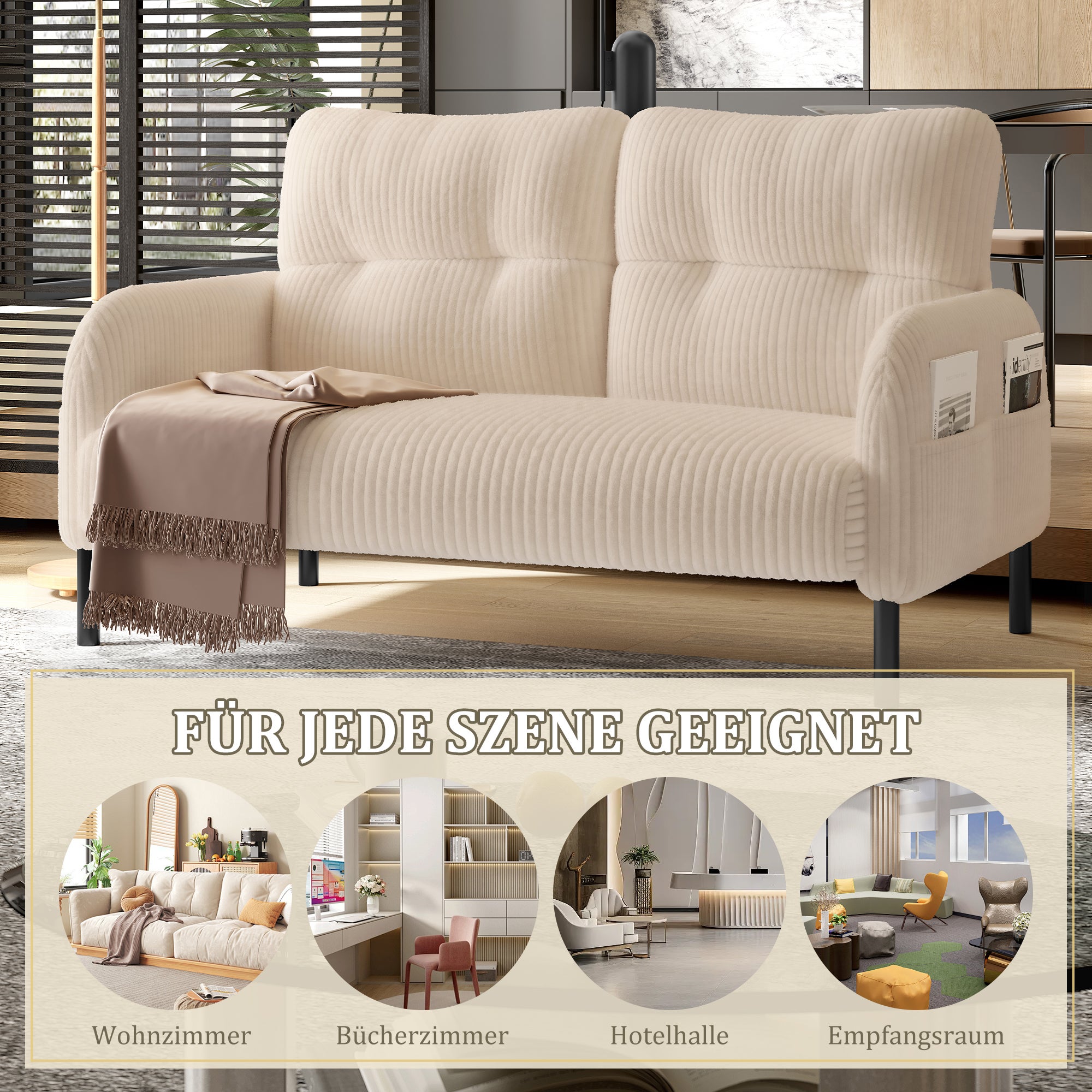 Canapé 2 places velours côtelé - Dossier haut pieds métal poches latérales pour salon/bureau - 7