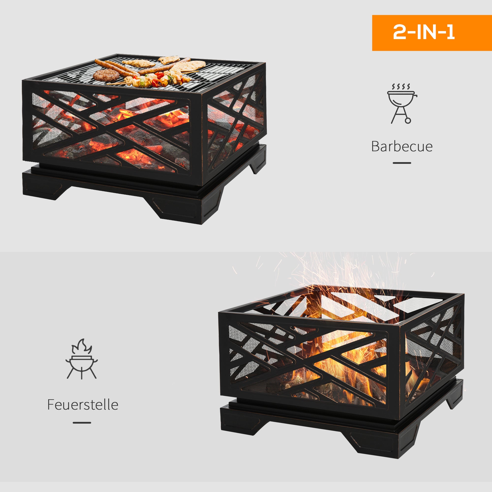 Brasero con protección contra chispas, cesta para brasero con rejilla y atizador, parrilla para barbacoa 2 en 1, metal, negro, 66 x 66 x 66 cm - 4