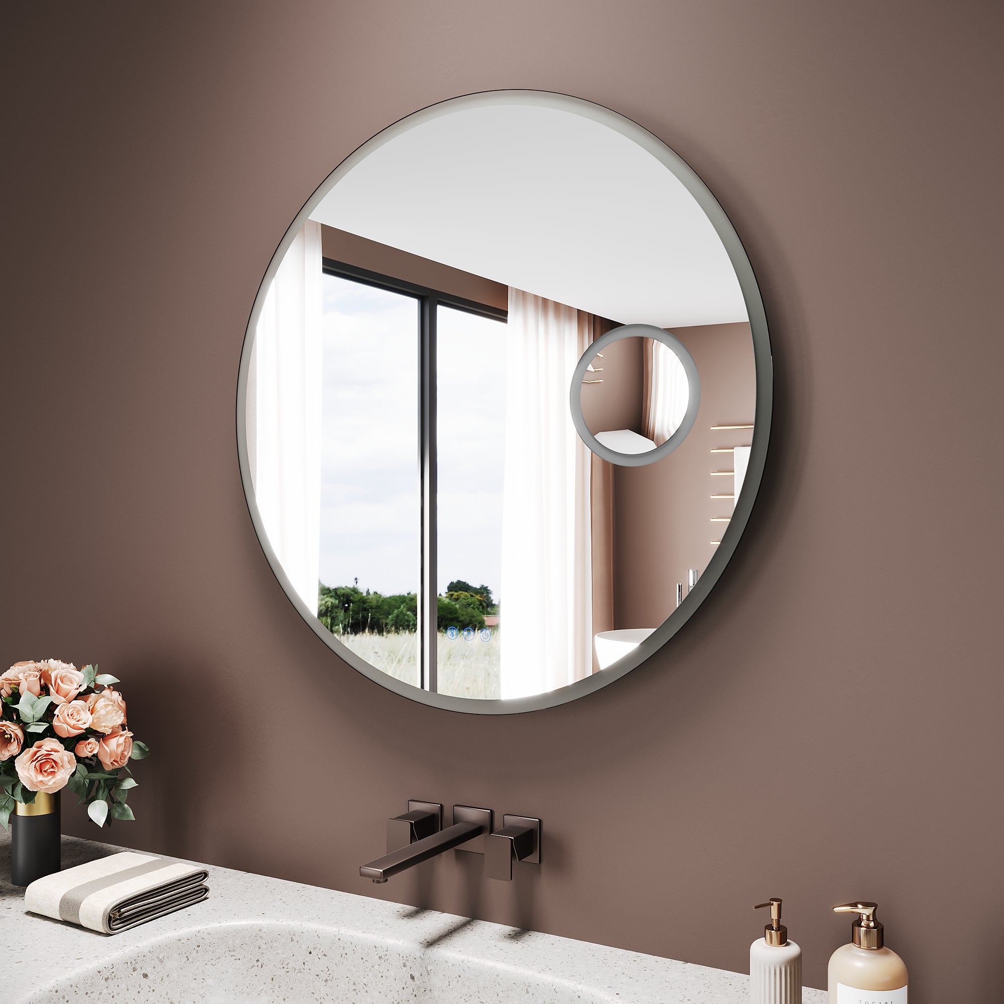 SIRHONA Miroir de Salle de Bain Rond Ø80cm, Bluetooth, Anti-Buée Centrale, Loupe 3x, Éclairage 3 Tons, Montage H/V - 2