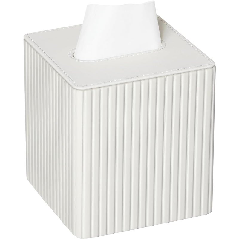 (Paski w kolorze kości słoniowej). Kwadratowe pudełko na chusteczki ze skóry syntetycznej z zapięciem magnetycznym.