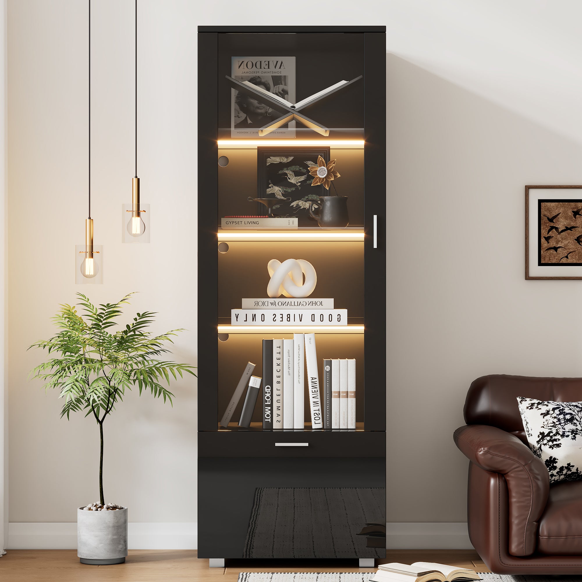 Witryna z 1 drzwiami i 1 szufladą - 50 x 40 x 160 cm - Diody LED - Półka szklana - Płyta wiórowa - Czarny połysk