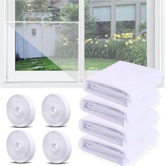 4 Pièces Moustiquaire Fenêtre Écran, Filet Écran Insecte Fenêtre Moustiquaire en Maille Filet Avec 4 Auto Rubans Adhésifs 130 x 150 cm (Blanc)