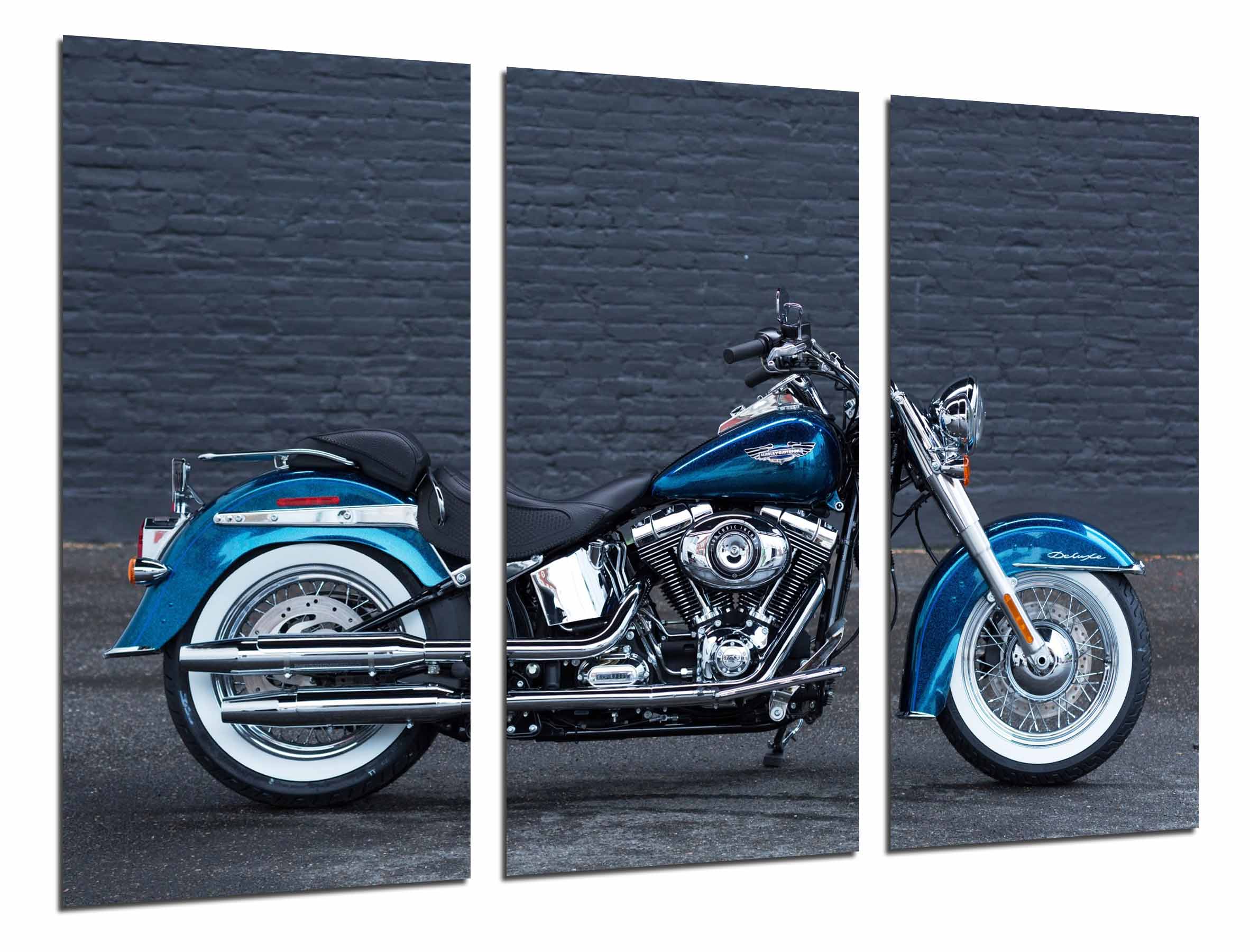 Moto harley davdison azul, carretera, motorista, impresión fotográfica sobre madera, cuadro moderno decorativo