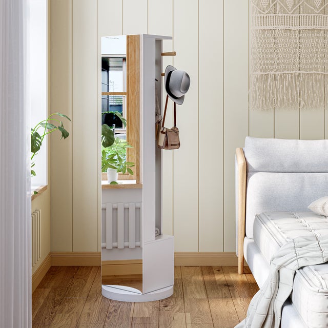 Porte-Manteau Miroir Pivotante 3-en-1 - 45x45x160cm - Psyché sur Pied 360°avec Rangement Bijoux, Penderie & Tiroirs - Blanc