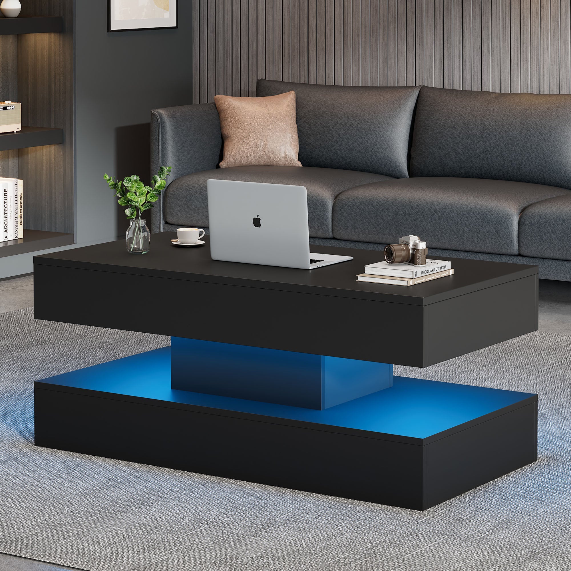 KOMHTOM Table Basse Rectangulaire Moderne avec 4 tiroirs et Plateau relevable, Table Basse Coffre Meuble de Salon avec Lumières LED, Blanc, 80 x 55 x 41 cm