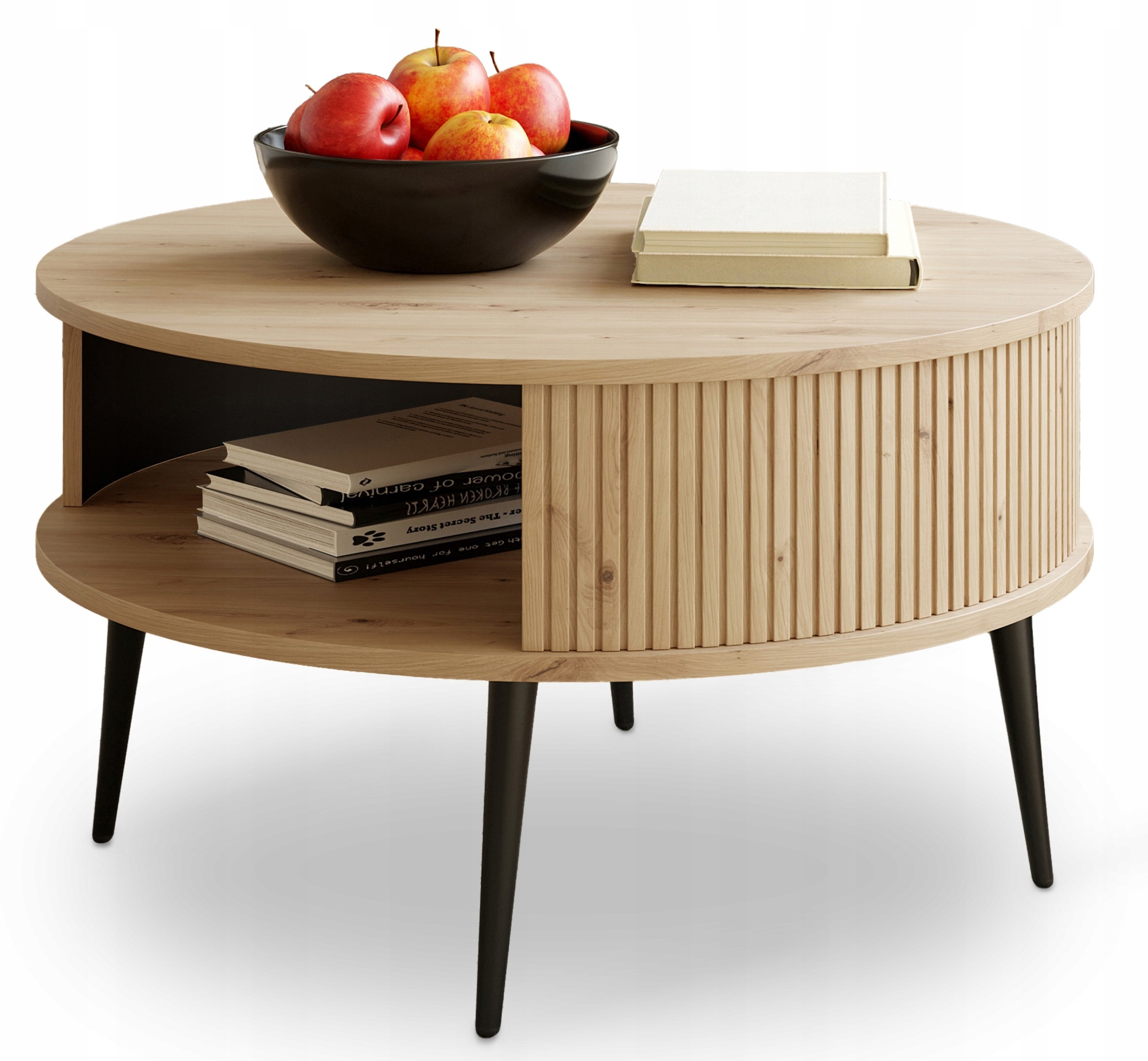 Nowoczesny Stolik Kawowy Lamele DĄB ARTISAN Ø 76 cm VERLO + Czarne Nogi