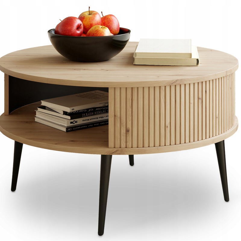 Nowoczesny Stolik Kawowy Lamele DĄB ARTISAN Ø 76 cm VERLO + Czarne Nogi