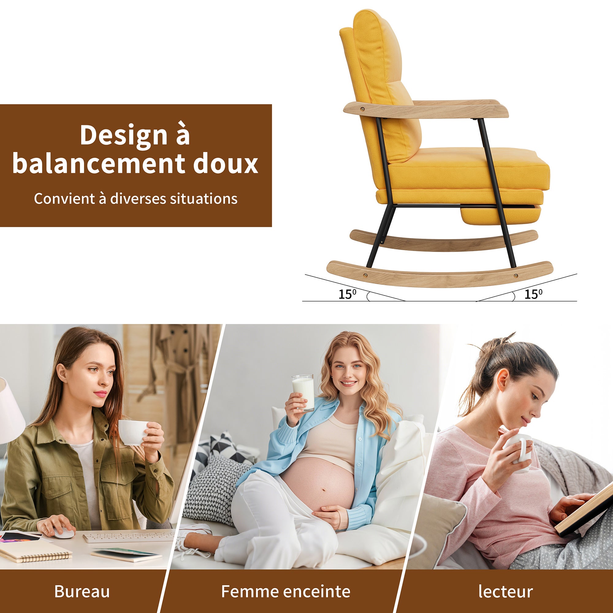 Fauteuil à Bascule, COZY, Symbiose entre Design Naturel et Confort Ergonomique, Fauteuil à bascule avec repose-pieds, Lin Jaune - 4