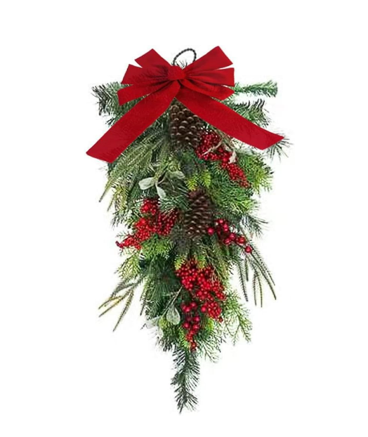 Couronne De Noël En Forme De Goutte 45cm/75cm Avec Baies Rouges Et Peluche - Décoration Festive Porte D'Entrée Et Cheminée