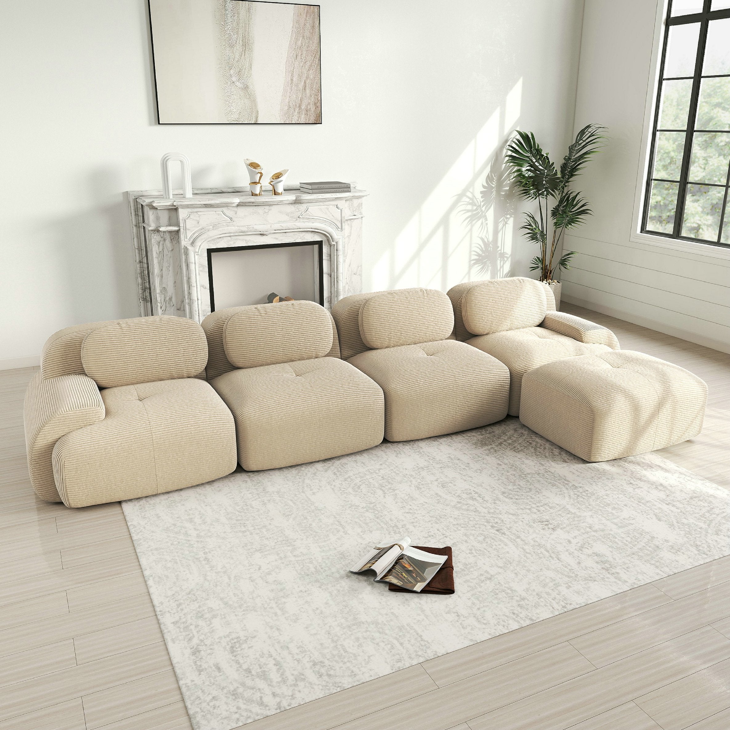 Canapé d\'angle modulable en forme de Canapé 4 places Élégant - Accroupiers extra-larges- Tissu velours côtelé respirant - Beige - 3