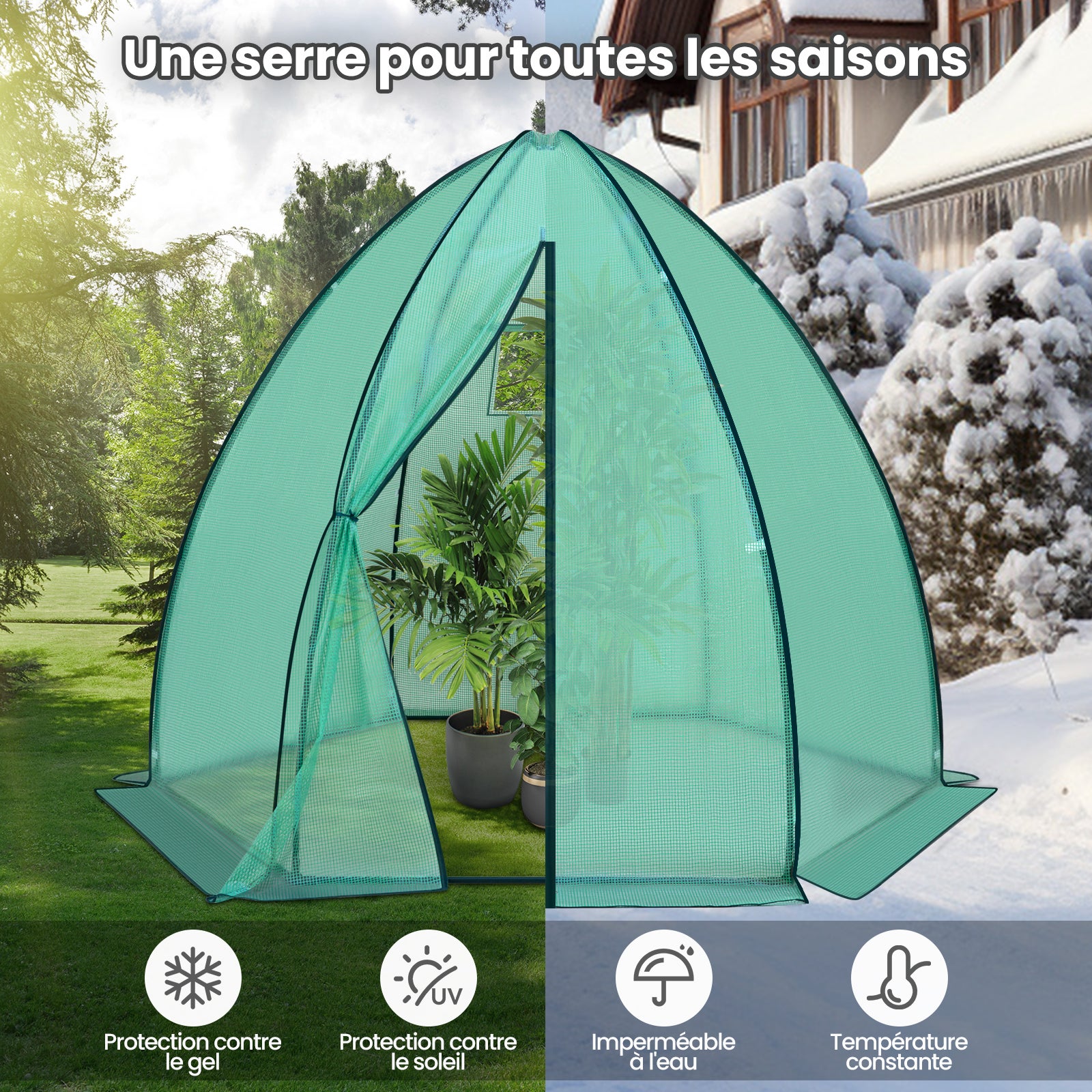 WOLTU Serre de Jardin, Serre d'Hivernage, Bâche en PE, Cadre en Acier Porte Zippée, 240x240x200cm, Vert - 2