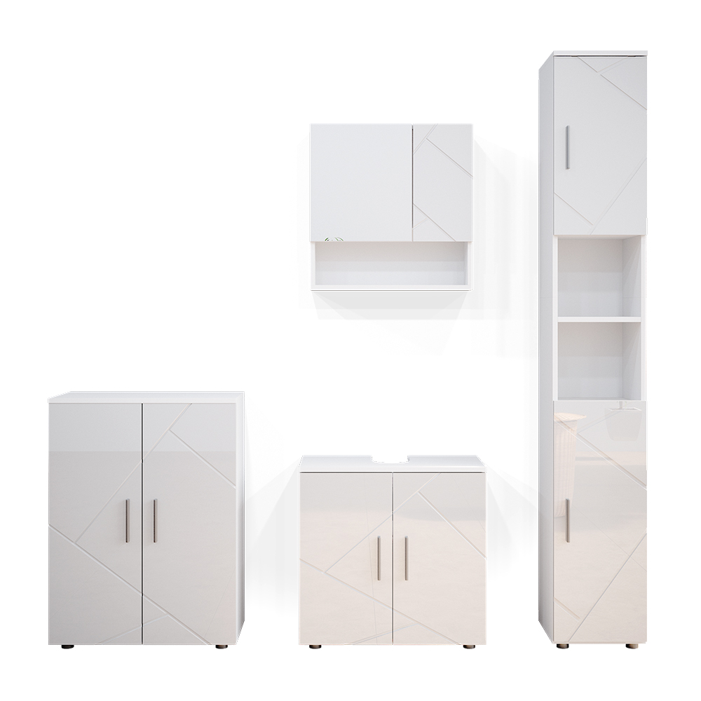 Vicco Zestaw mebli łazienkowych Irma, Biały wysoki połysk, 4 części, z wysoką szafką i komodą