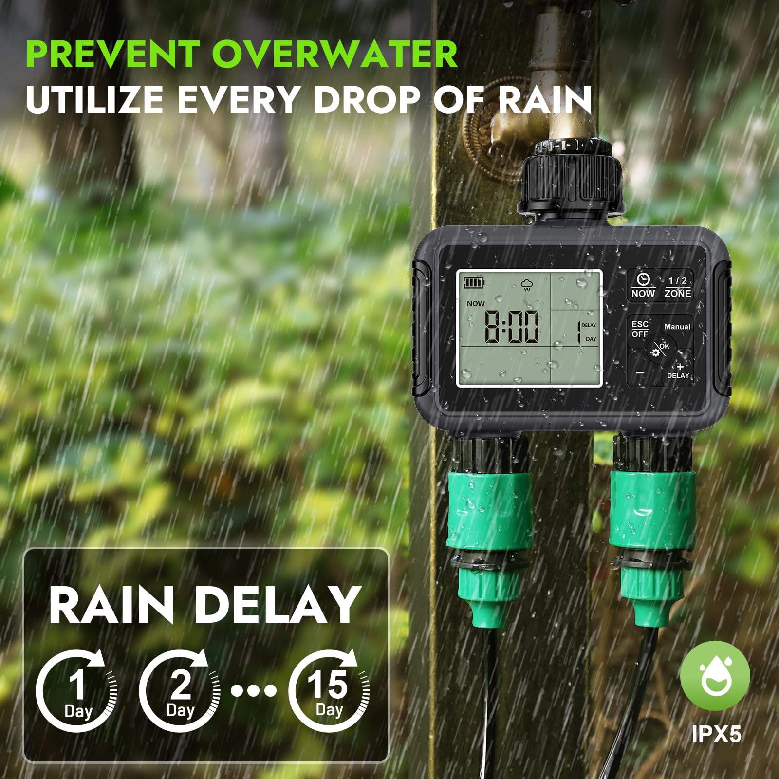 Ordinateur d'irrigation 2 sorties, minuterie d'arrosage de jardin avec retard de pluie/mode automatique et manuel, IPX5 étanche/grand écran LCD - 3