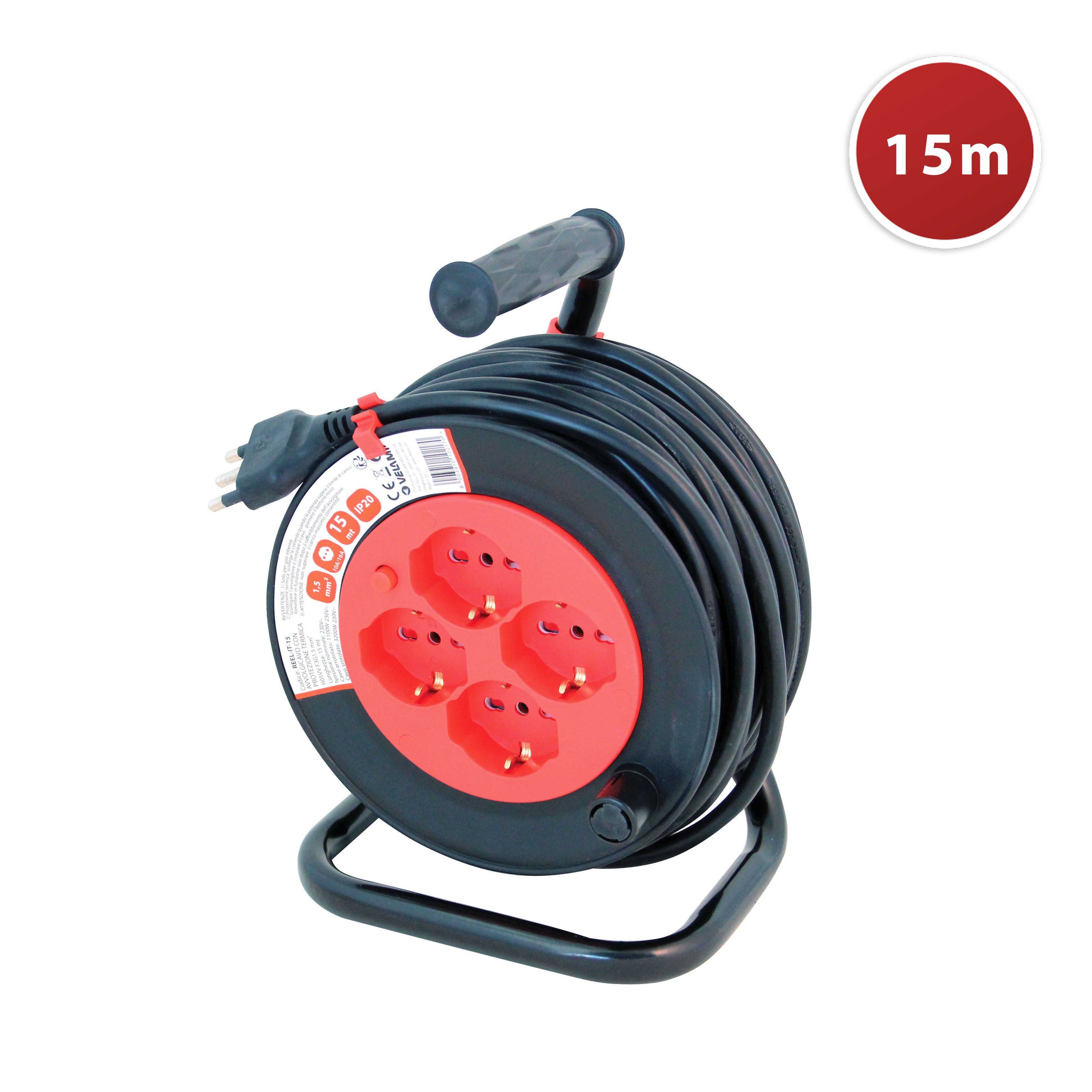 Enrouleur électrique standard italien, 4 prises, câble H05VV-F3G1.5MM2, 15m, CE - 6