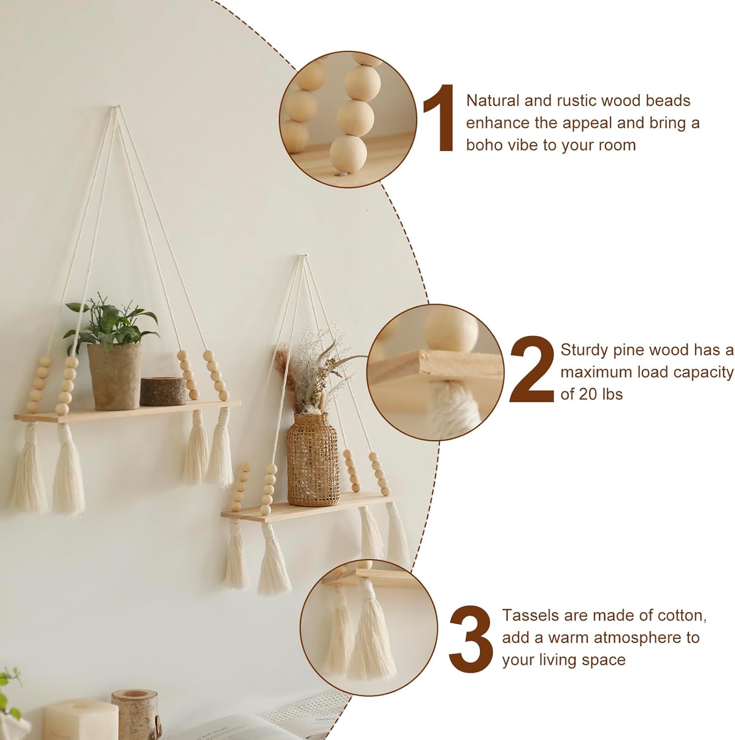 Lot de 2 étagères murales en bois - Étagère suspendue en macramé avec pompon, étagère flottante de rangement bohème, support pour plantes suspendu - 4