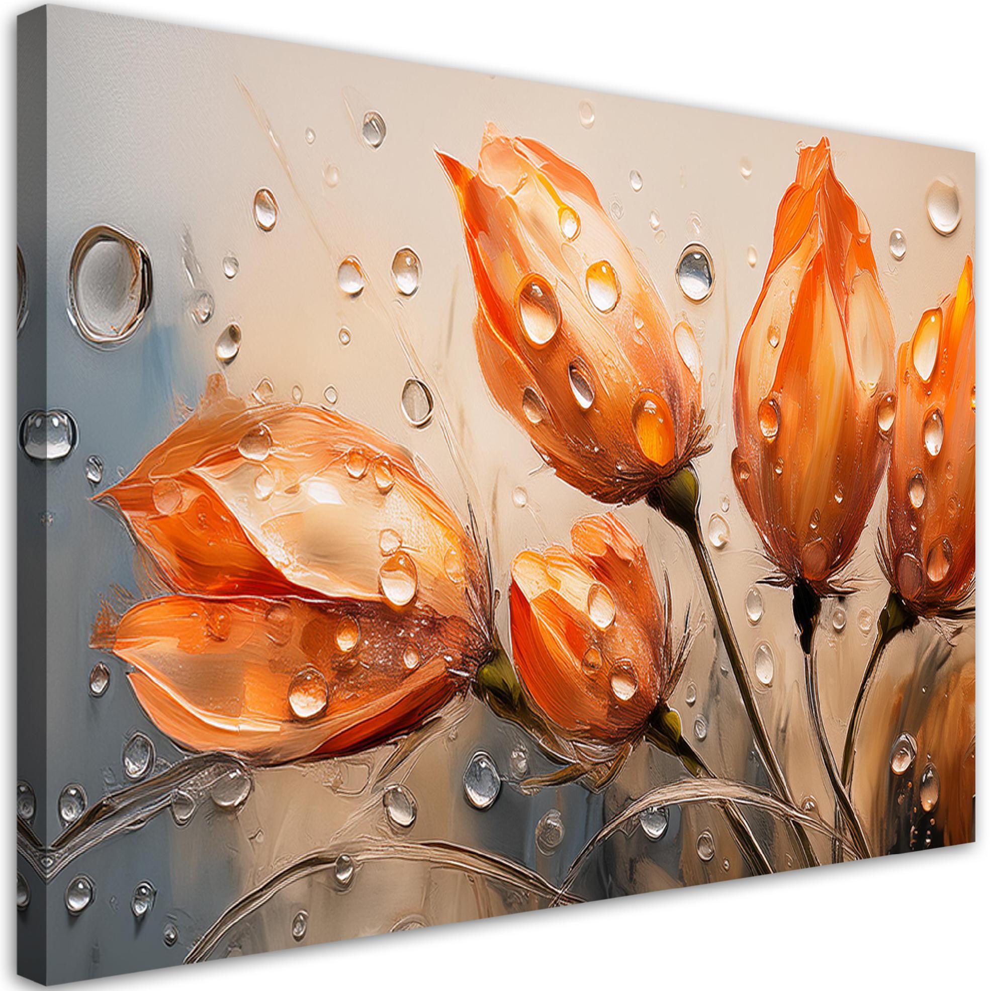 Obraz na płótnie, Tulipany Kwiaty Pomarańczowe Krople Rosy 100x70