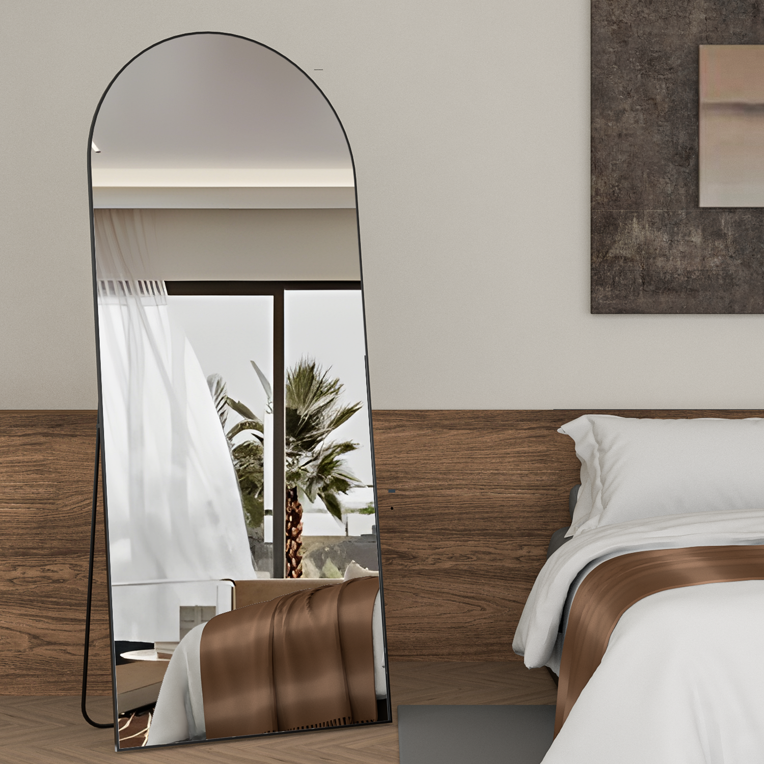 Grand miroir cintré 180 x 80 cm, pleine longueur, à poser ou miroir mural pour la chambre à coucher, avec cadre en aluminium, pour le dressing, noir - 2