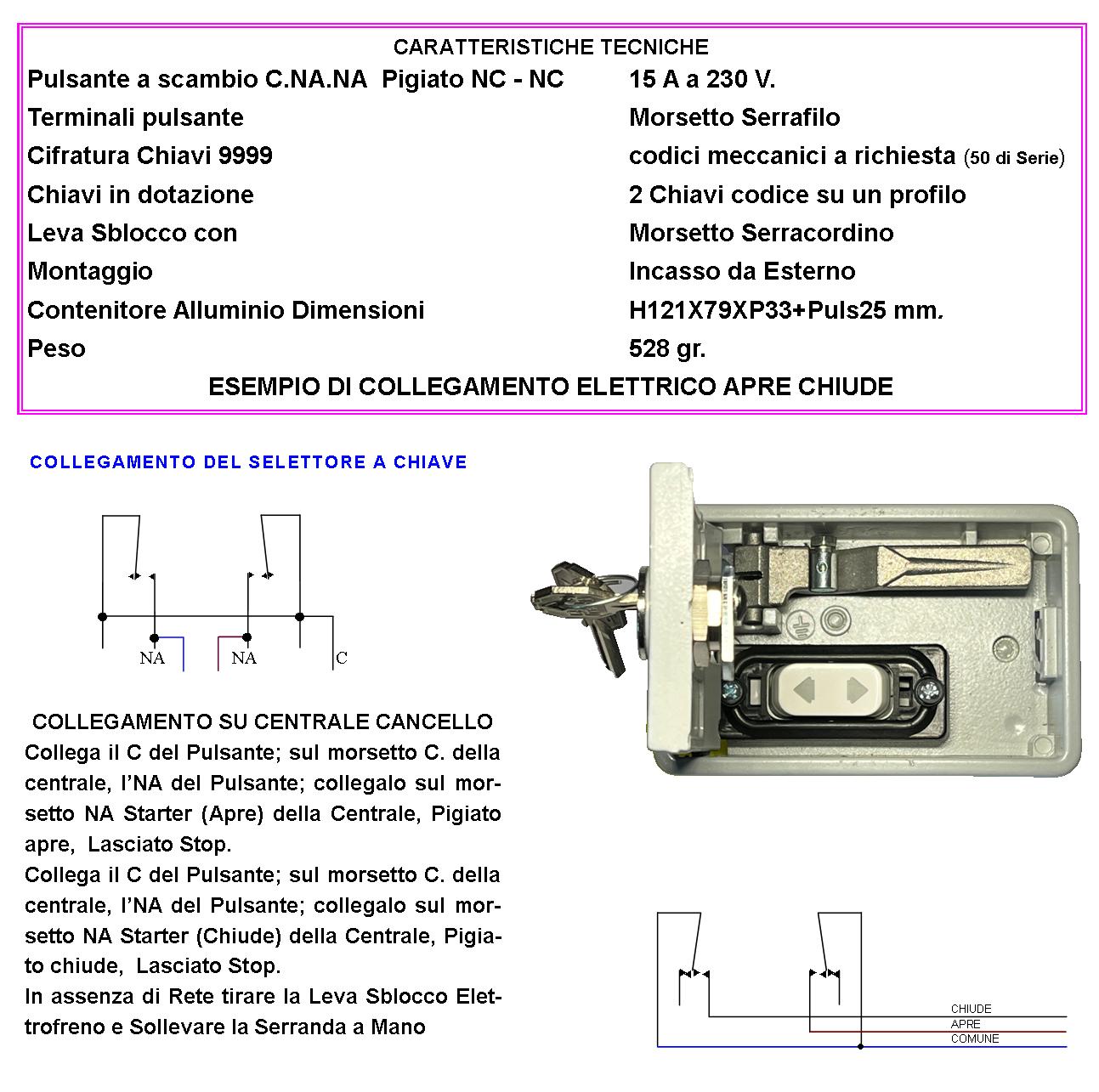 Comando Elettrico Apre Chiude 15A 230 V in Blindino di Alluminio da Incasso Esterno a Parete Con 2 Chiavi Pulsante Elettrico Apre Chiude Leva Sblocco - 2