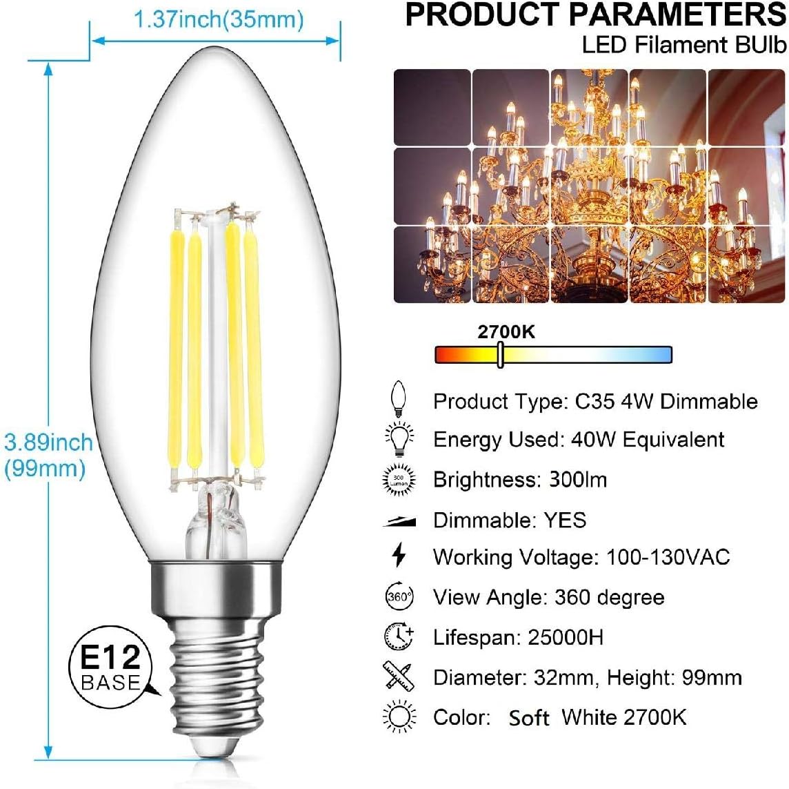 Paquete de 12 bombillas LED regulables de 4 W de color blanco cálido 2700 K, compatibles con lámparas de araña y ventiladores de techo, E12. - 2