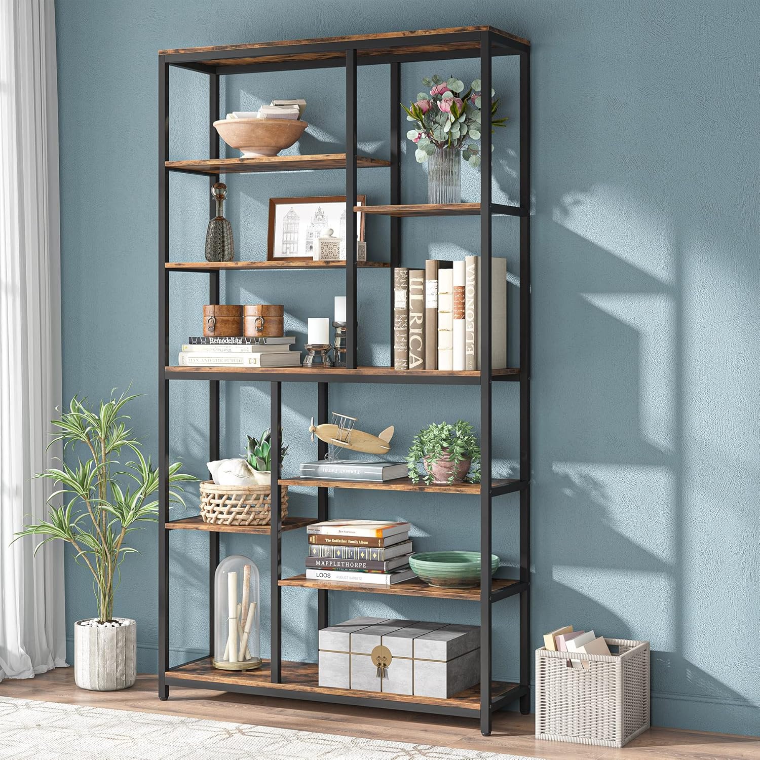 Tribesigns Bibliothèque, Étagère de Rangement à 9 Niveaux, Meuble de Rangement,Metal Bois, pour Salon, Chambre, Bureau (Marron Rustique) - 2