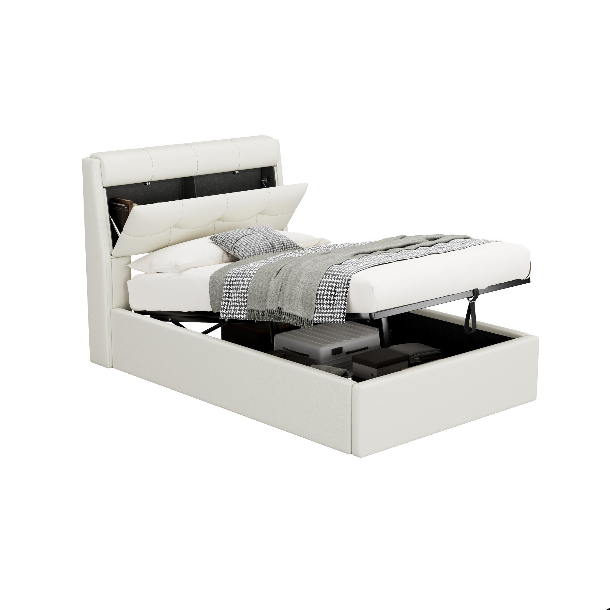 Lit coffre 90 x 200 cm avec tête de lit rangement - LEDs - Cuir PU - Blanc (sans matelas) - 6