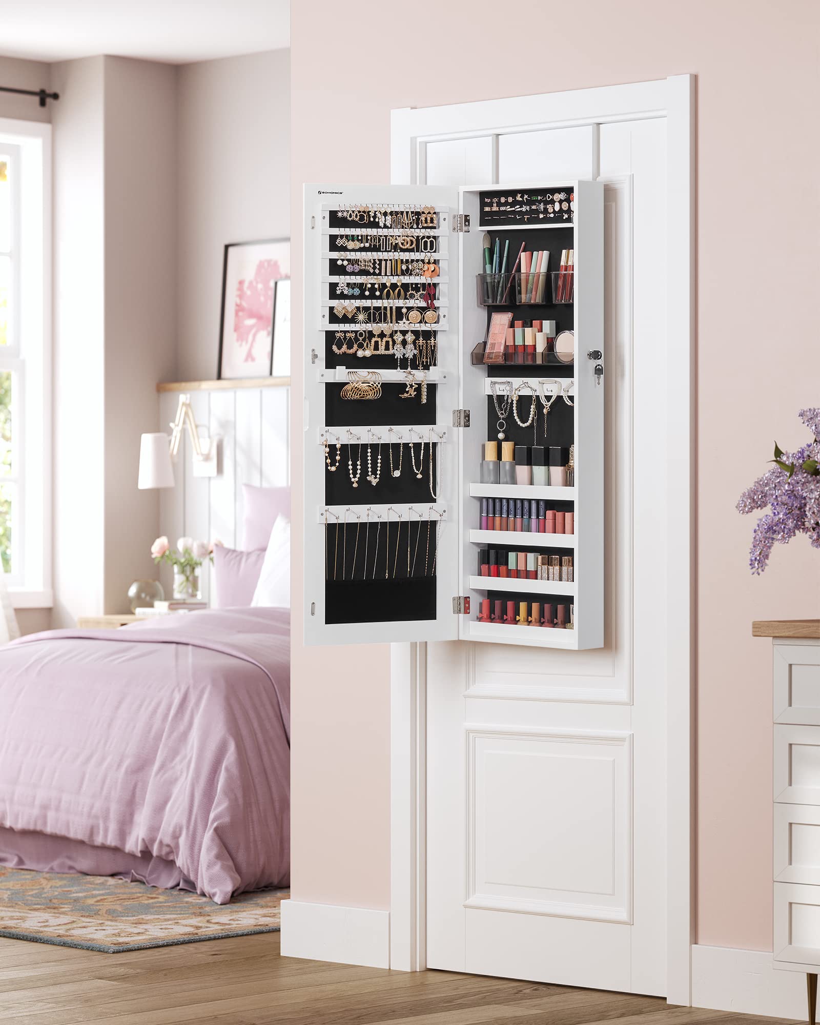 Espejo joyero de pared sin marco con cerradura, incluye 2 organizadores de cosméticos y llaves, blanco - 2