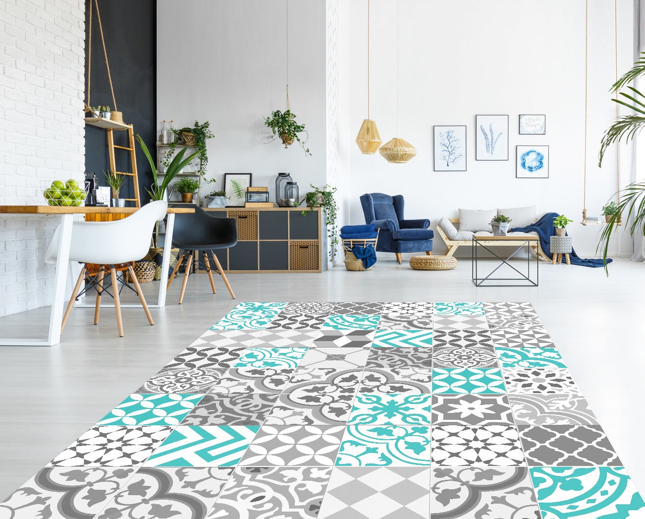 Alfombra de vinilo collage con turquesa 133x200 cm - pvc antideslizante, vinilica para cocina o salón, lavable, estilo hidraúlico