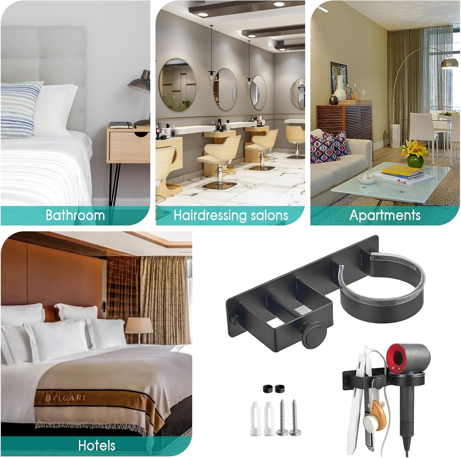 Porte Seche Cheveux et Lisseur pour Salle de Bains/Chambre à Coucher/Hôtel, Porte Seche Cheveux sans Perçage a Adhésif/Vis, Noir - 7