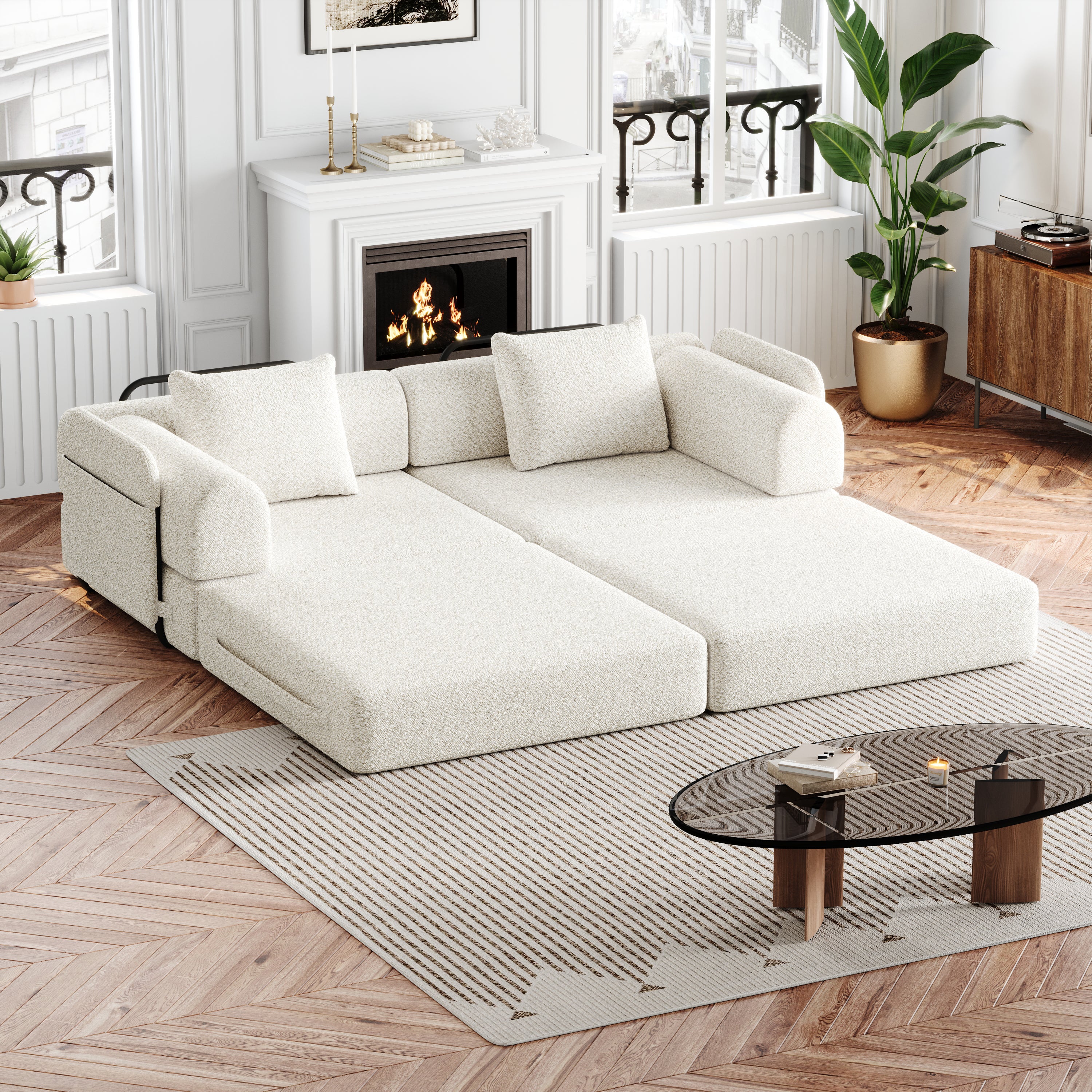 Canapé convertible 2-en-1, 2 places, design breveté, rangement accoudoir, 3 cadres métal, configurations multiples, chenille, Beige, 183x91x70 cm - 3