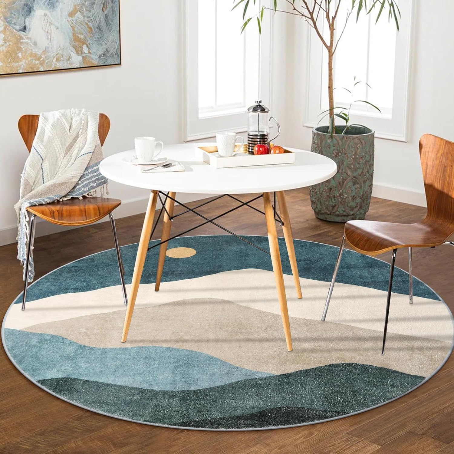 Tapis rond de 100 cm, tapis de sol antidérapant lavable, tapis décoratif doux à poils ras, adapté au salon, à la chambre, à la salle à manger - 2