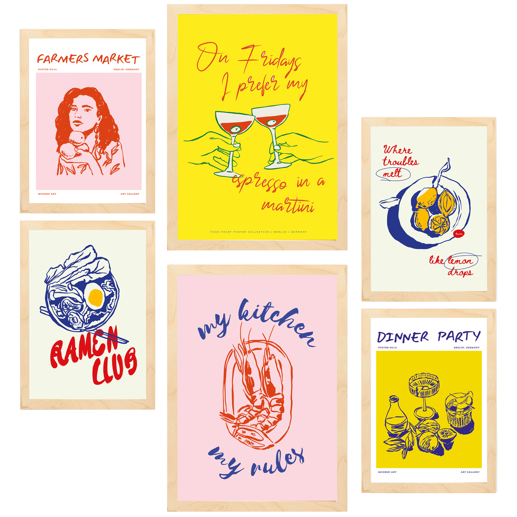 Nacnic set de 6 pósters ilustraciones de alimentos y comida estilo pop art y vino marco madera clara