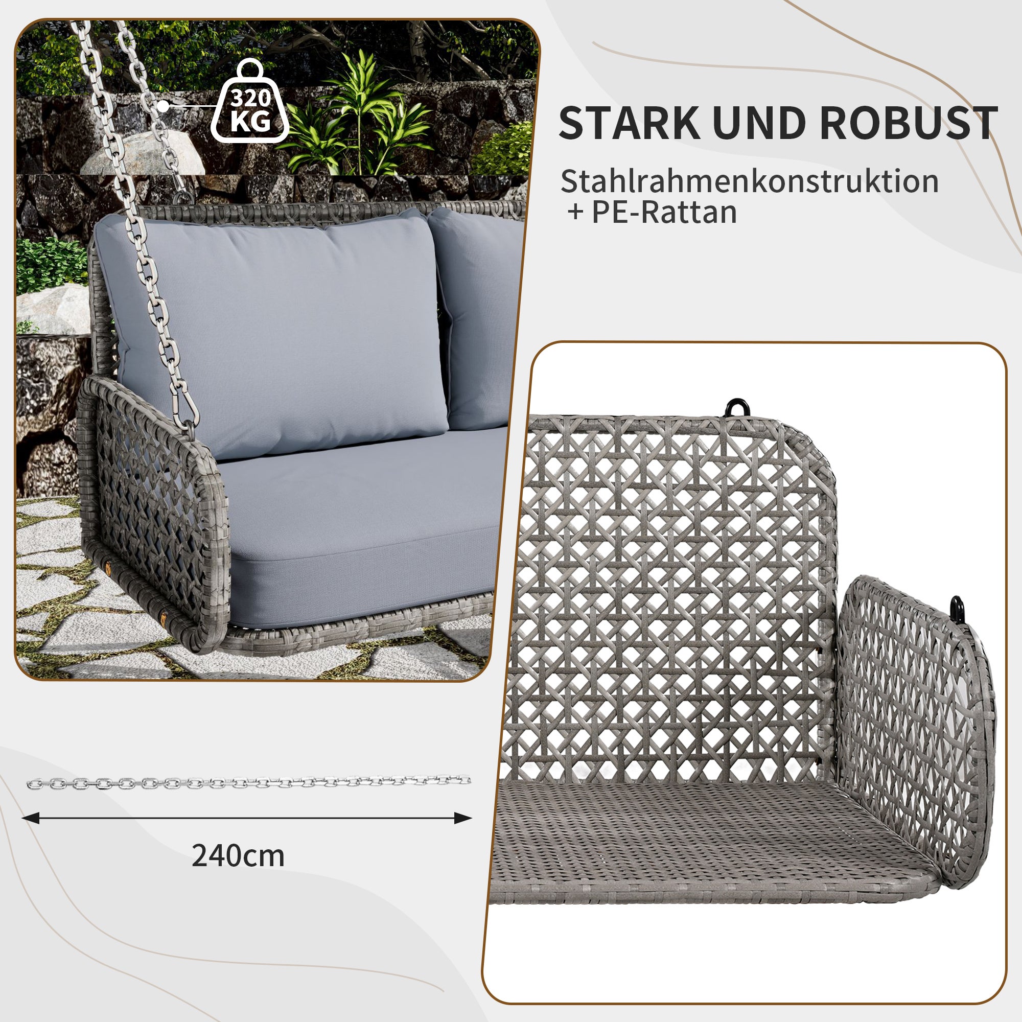 Balancelle de jardin 2 places en rotin PE, Balançoire de jardin - avec coussins et 2 chaînes - 112 x 54 x 48 cm - Gris - 6