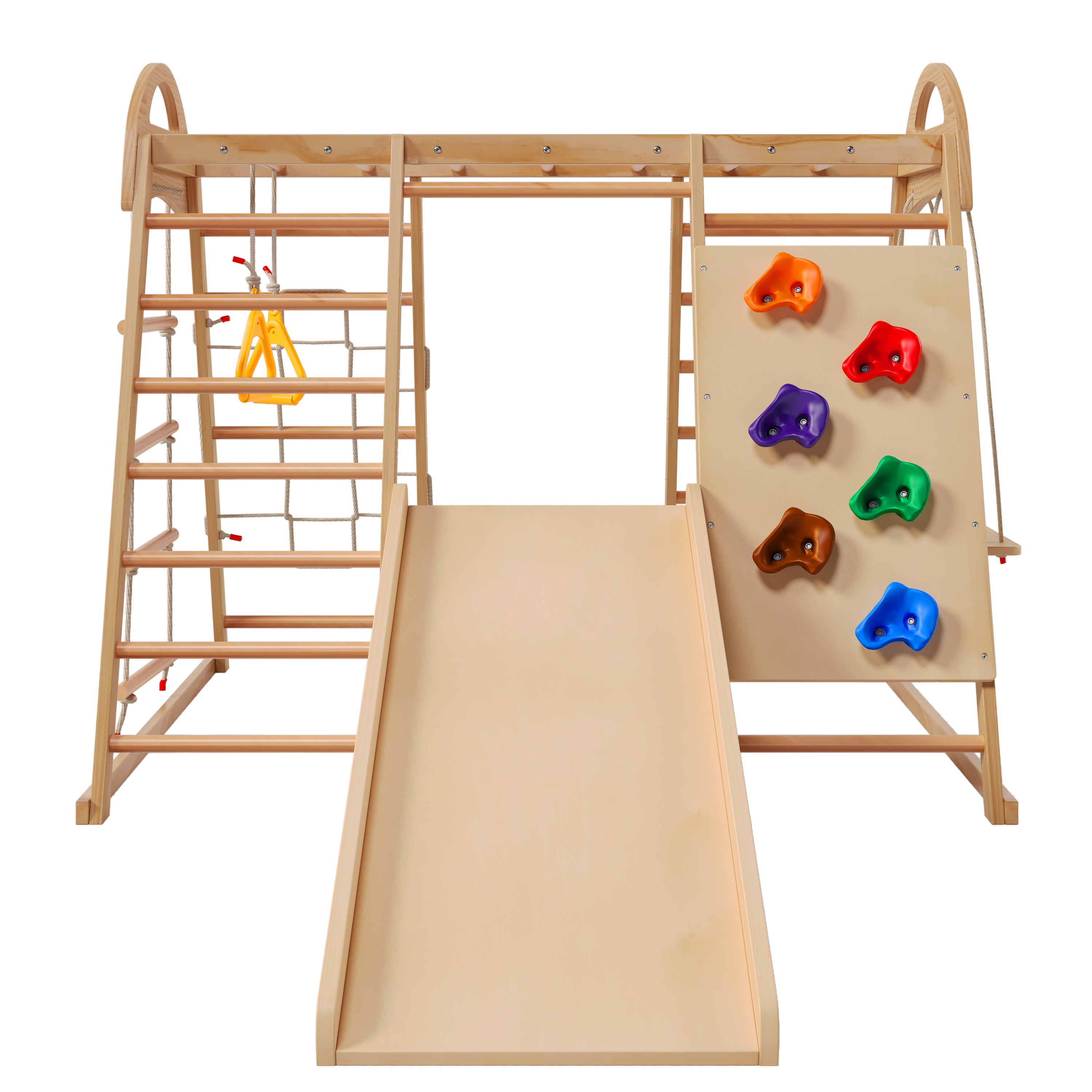 Playground 7 em 1 com balanço, escada, escorregador, rede de escalada, pedra de escalada - 134 x 120 x 120 cm - Pinho e compensado - Natural - 2