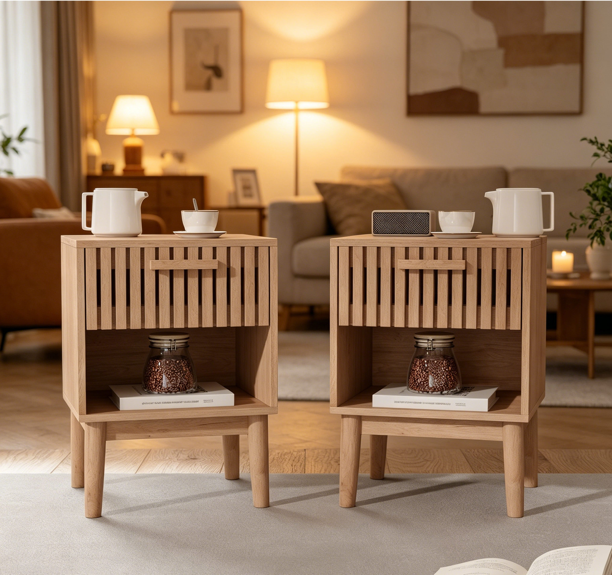 Table de Chevet Lot de 2,Table de Nuit avec 1 Tiroir et Espace Ouvert,Pieds en Bois Massif,Petite Table d’Appoint pour Chambre,Salon,Naturel - 6