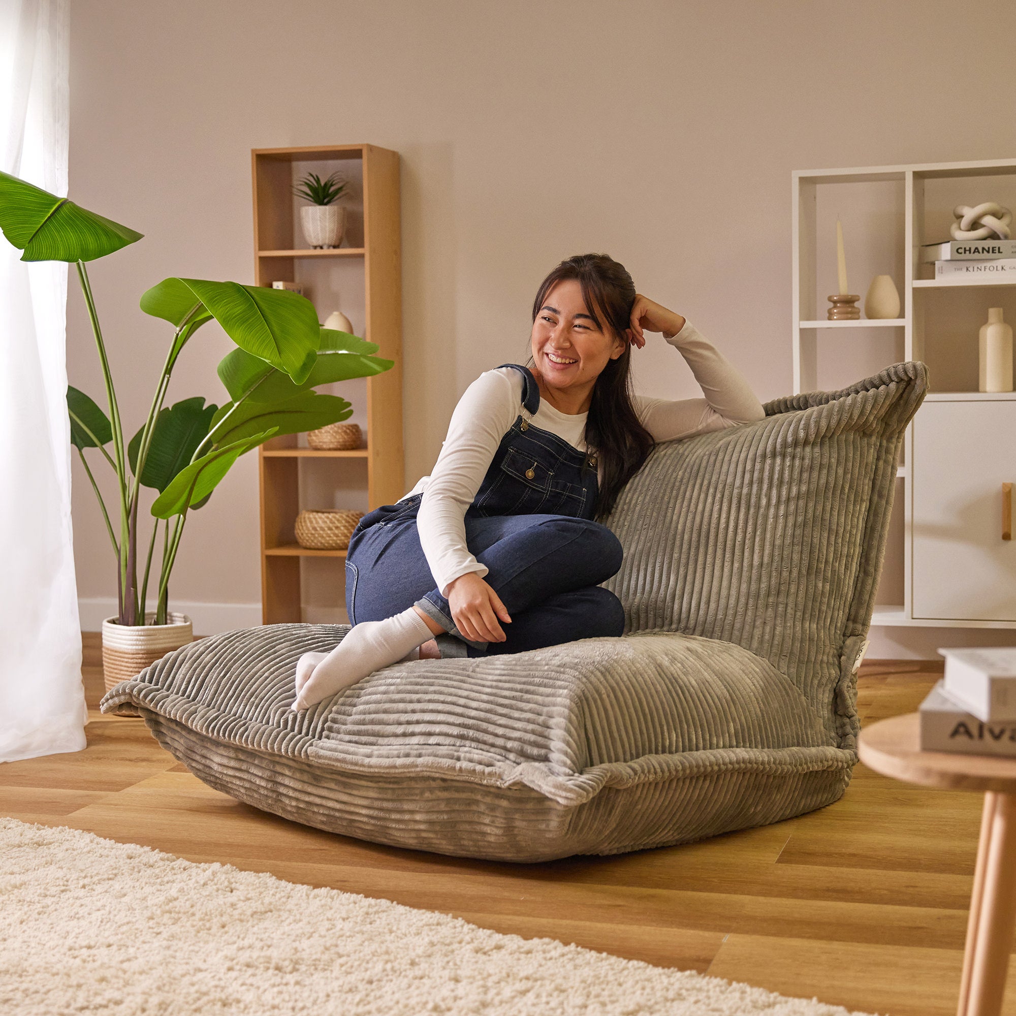 Pouf Géant En Velours Côtelé MAXYOYO - Rembourrage Mousse Included, Gris Charbon