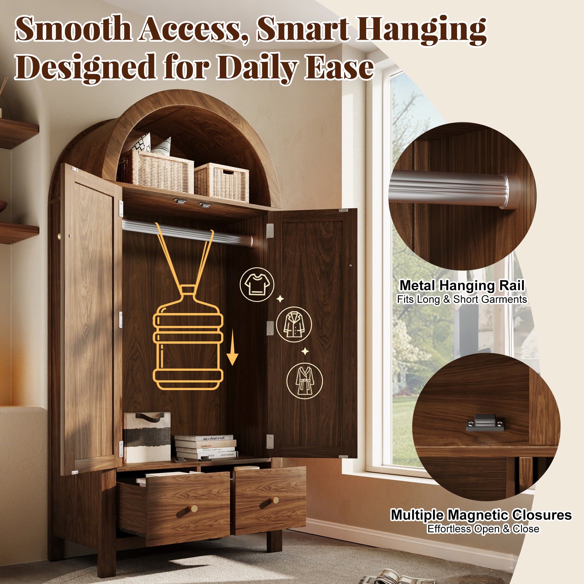 Armoire penderie avec Cannage en Rotin, 2 portes 2 tiroirs, étagère ouverte semi-ronde, fermeture magnétique, tringle vêtements, 181x78x45 cm, noyer - 9