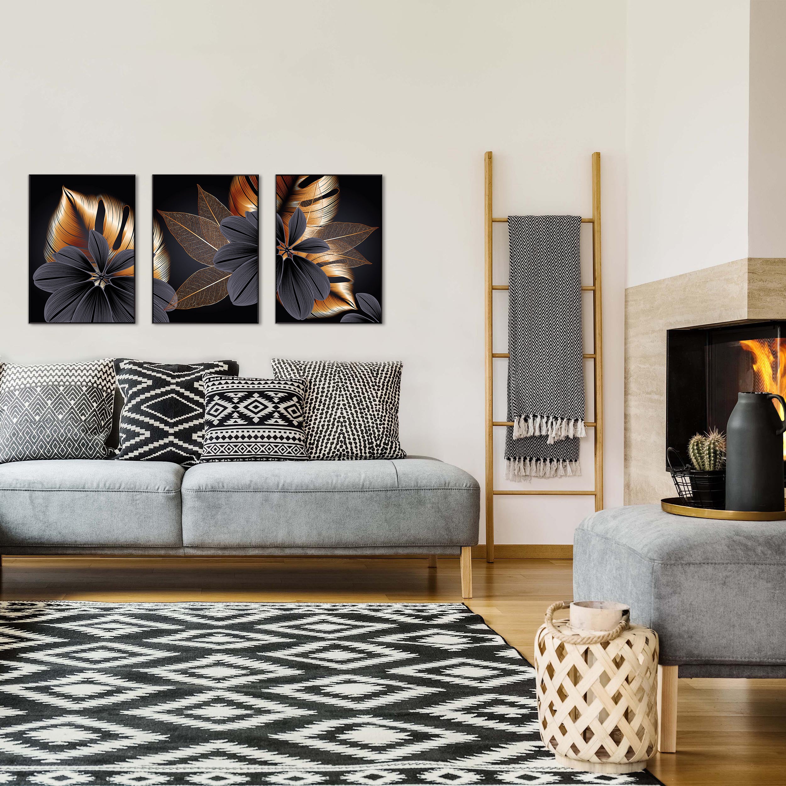 DekoArte - Tableau decoration murale salon STYLE FLOWERS 50x70 cm x3 pièces - Tableaux avec cadre noir inclus - 6