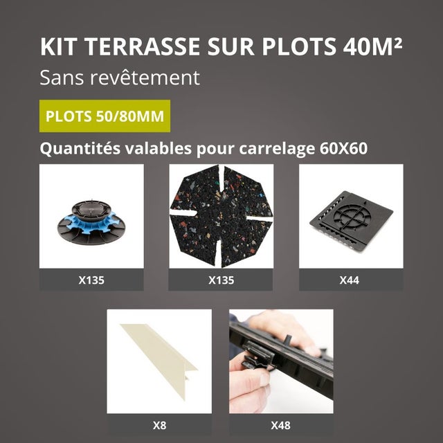 Kit Terrasse sur Plots Sans Revêtement 40M² - Finition Blanc Perle - 50/80 mm - JOUPLAST
