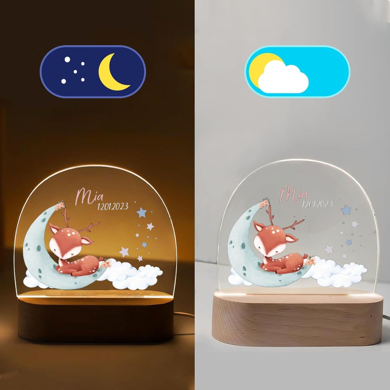 Lampada Notturna Namofactur A Forma Di Nuvole E Stelle – Luce LED In Legno, Personalizzabile - 3