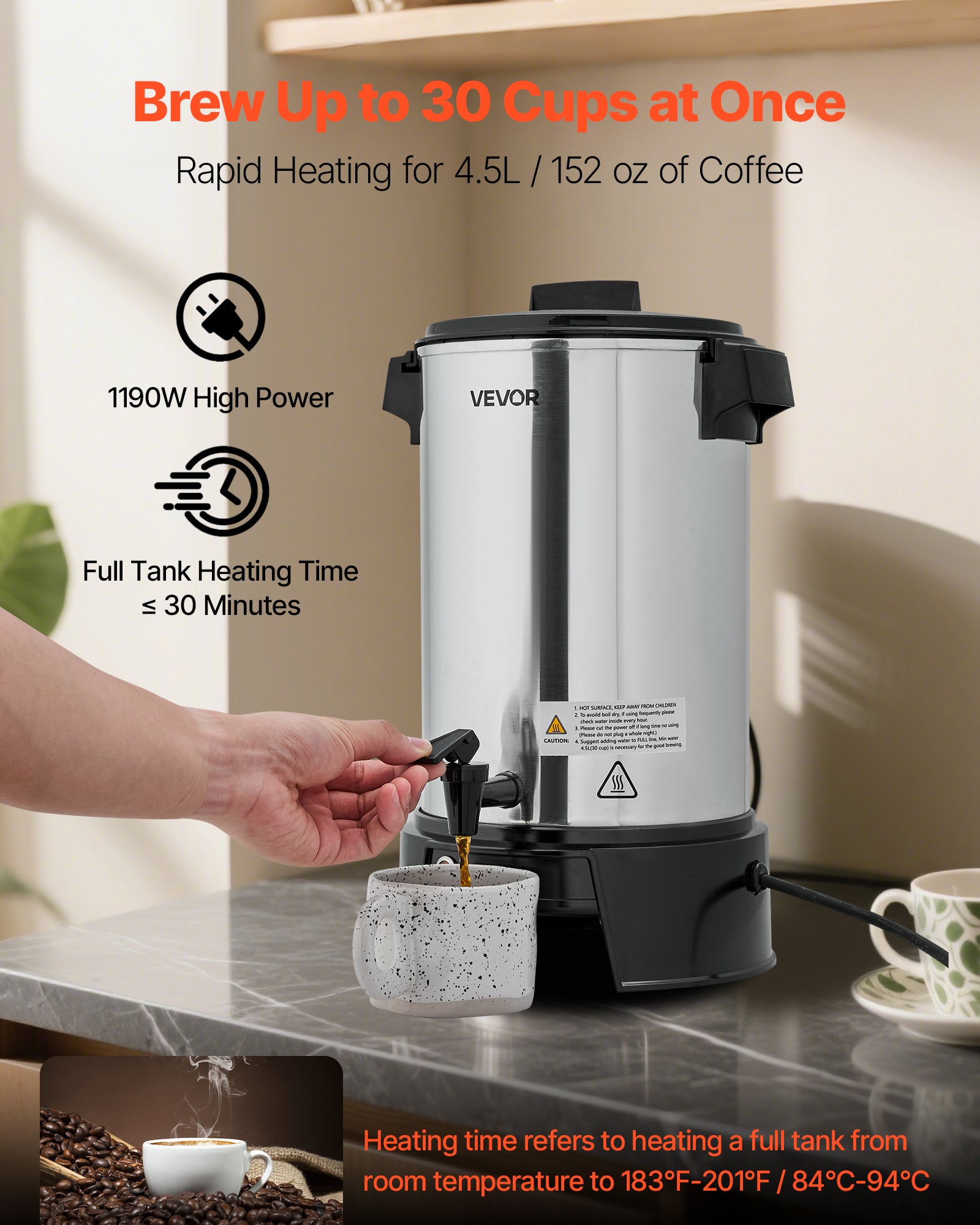 Percolateur Café VEVOR 4,5 L 30 Tasses, avec Robinet Anti-goutte, Infusion Rapide, Contrôle Automatique de la Température, pour Restauration Bar Café - 2