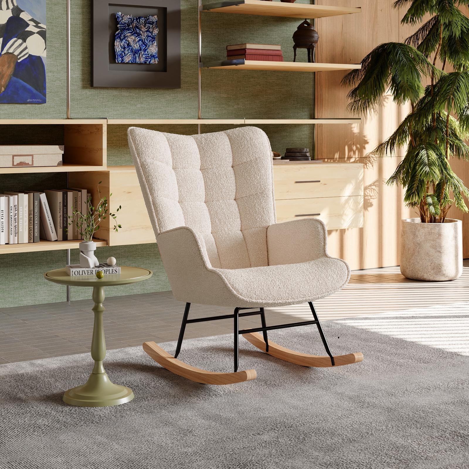 Fauteuil à Bascule - Scandinave - Dossier Capitonnée en carré - Balancelle Relaxante - 68x75x92cm - Velours Teddy Beige - 7