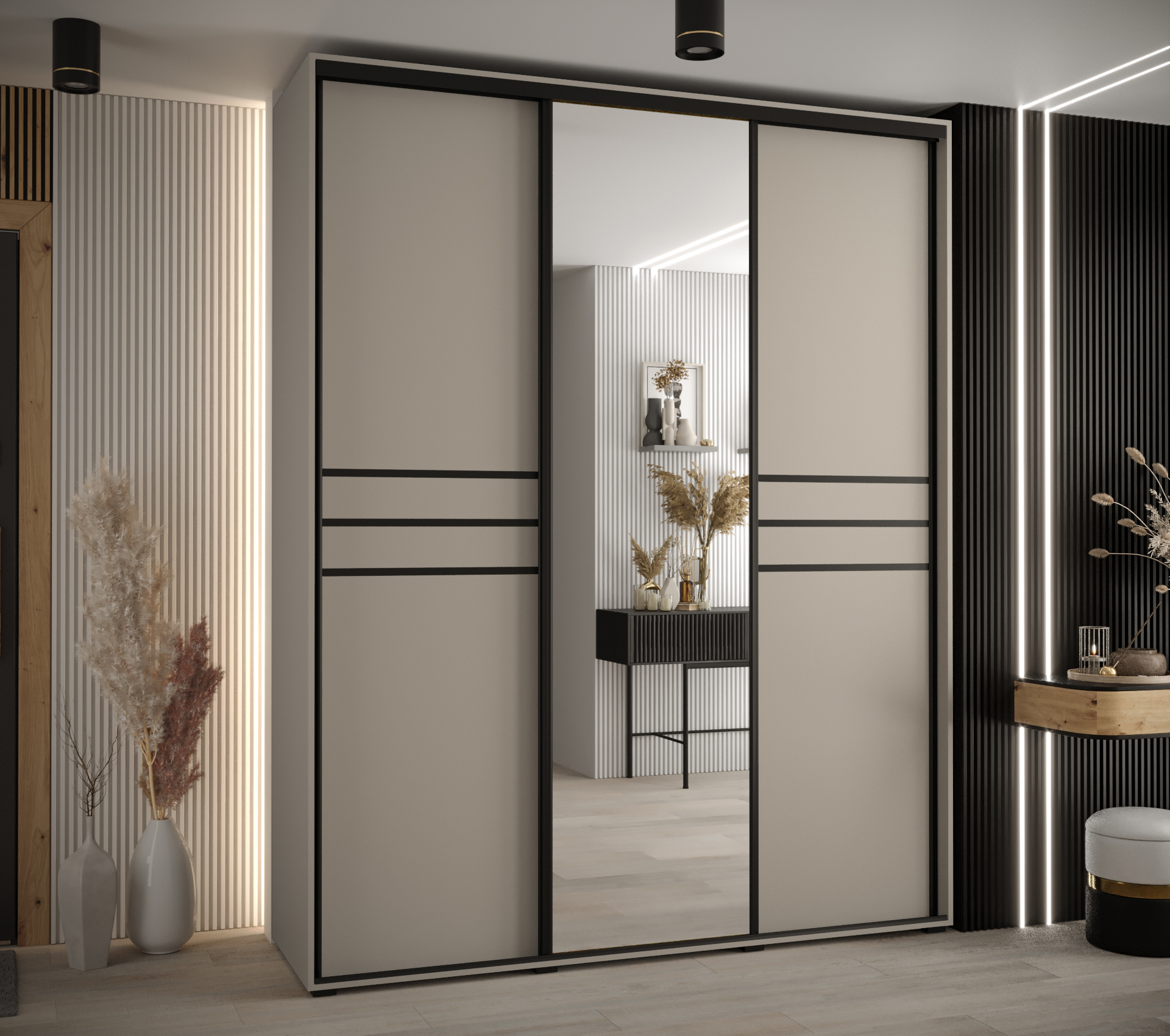 Szafa przesuwna z lustrem wysoka Dakota 11 200 x 45 x 235,2 cm kaszmir + u. czarny - Abiks Meble