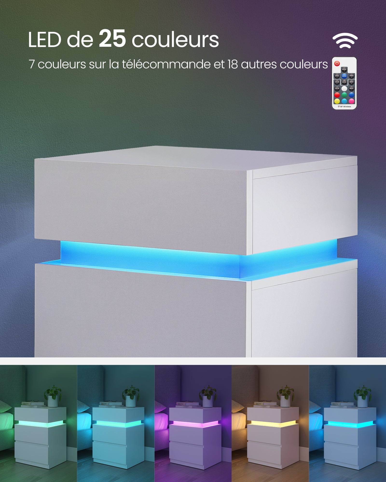 Table de Chevet, Lot de 2, avec Bande LED Multicolore Réglable, 3 Tiroirs, Table d’Appoint de Style Moderne, 35 x 40 x 55 cm, Blanc - 3