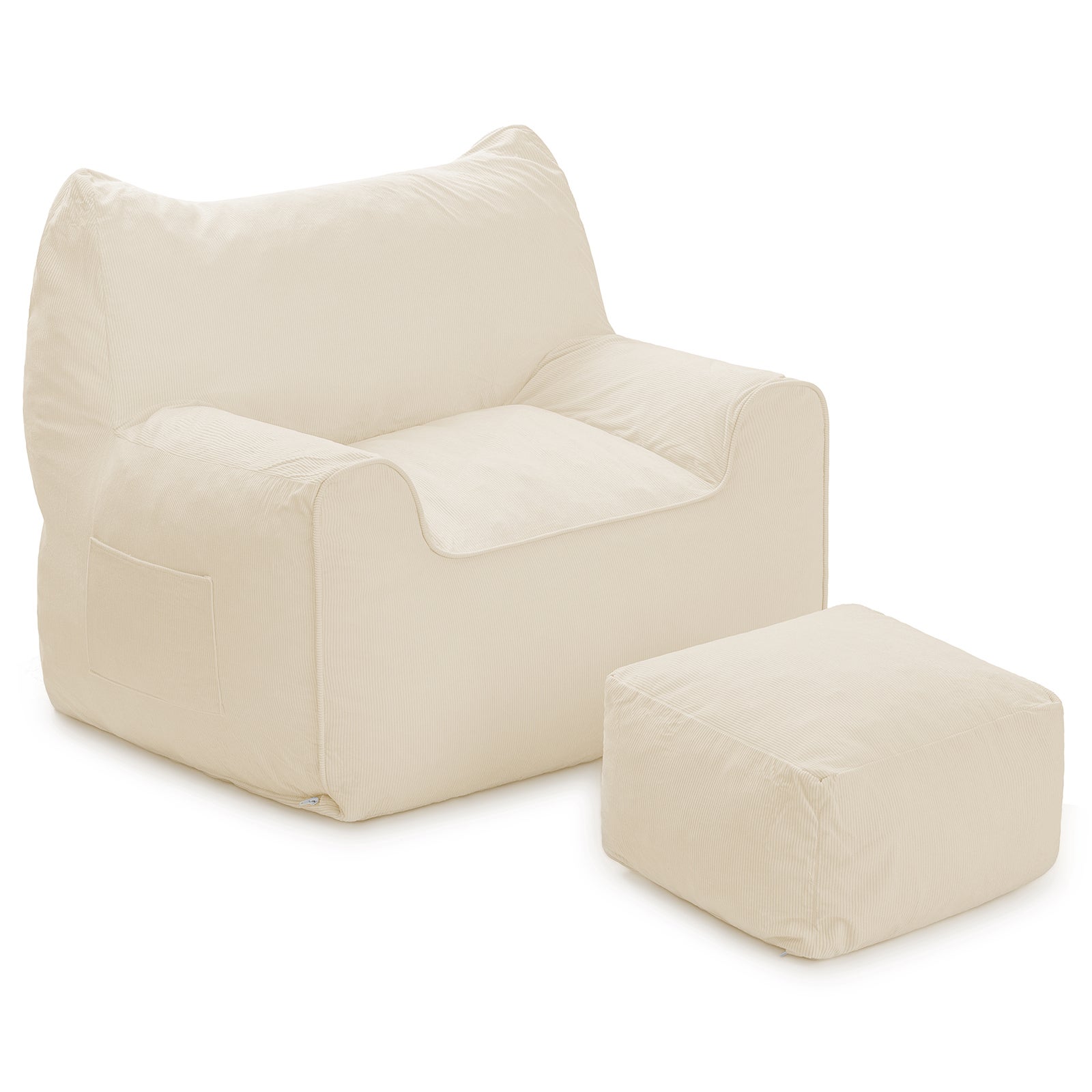 Poltrona in velluto a coste, poltrona a sacco con poggiapiedi, 90x75x75cm, per camera da letto, soggiorno, regalo di Natale - Beige - 8