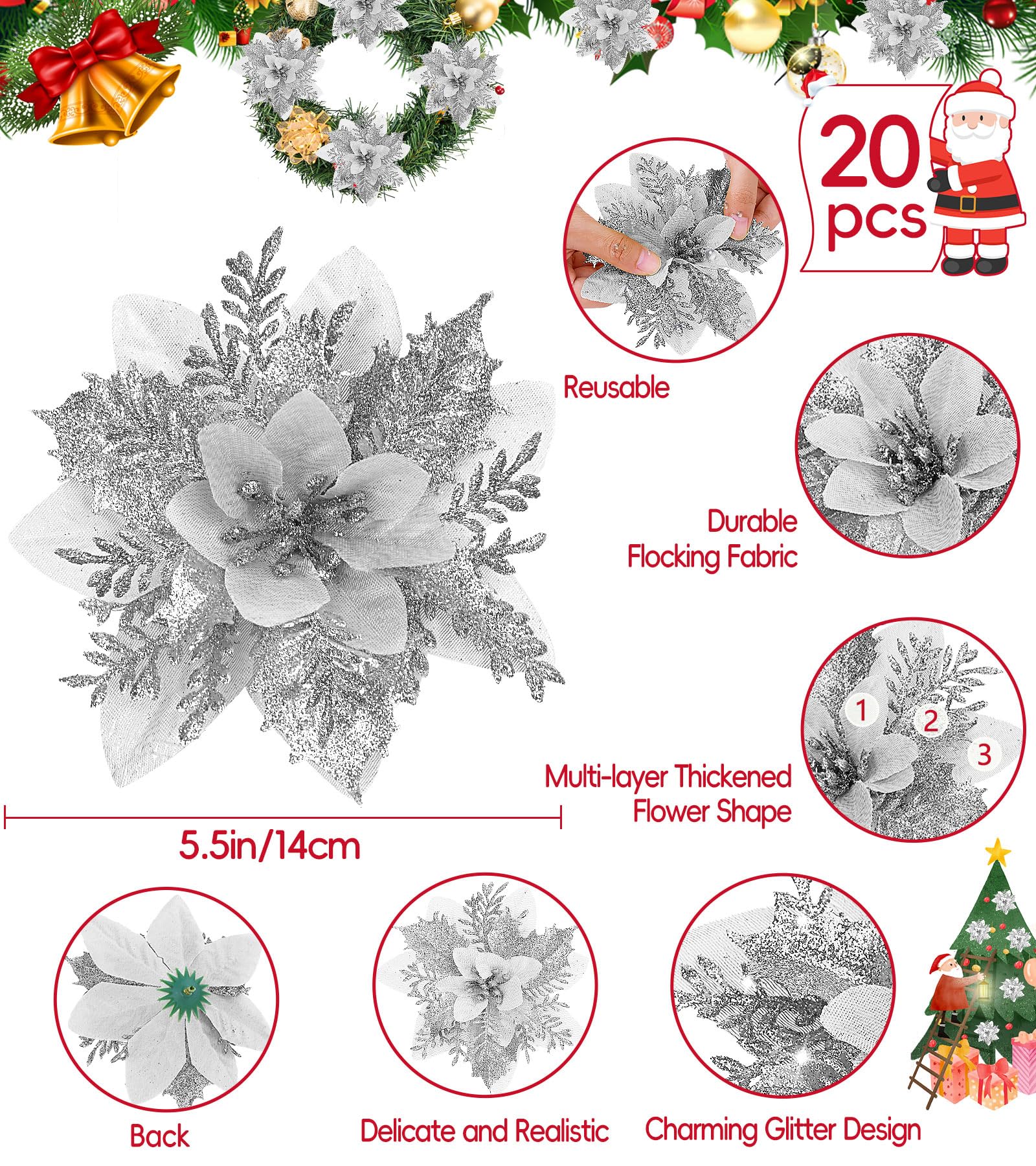 20pcs fleurs de Noël, fleurs de Noël artificielles avec clips, décoration d'arbre de Noël fleurs artificielles à paillettes, décorations de Noël - 4