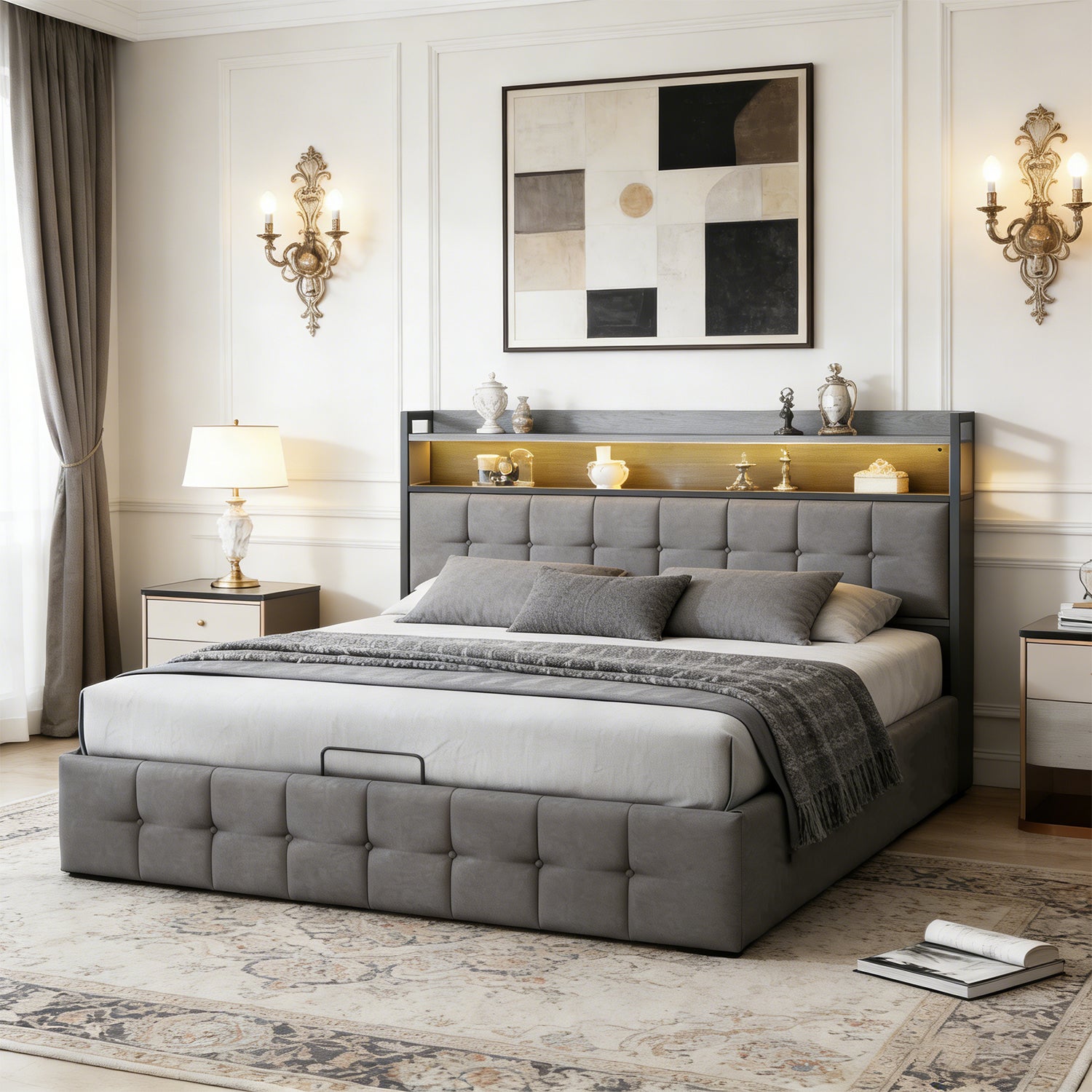 Lit coffre 140x190 cm avec sommier à lattes, lit double 140x190 cm avec LED, cadre de lit adulte avec port USB et Type C, tissu en lin, gris - 2
