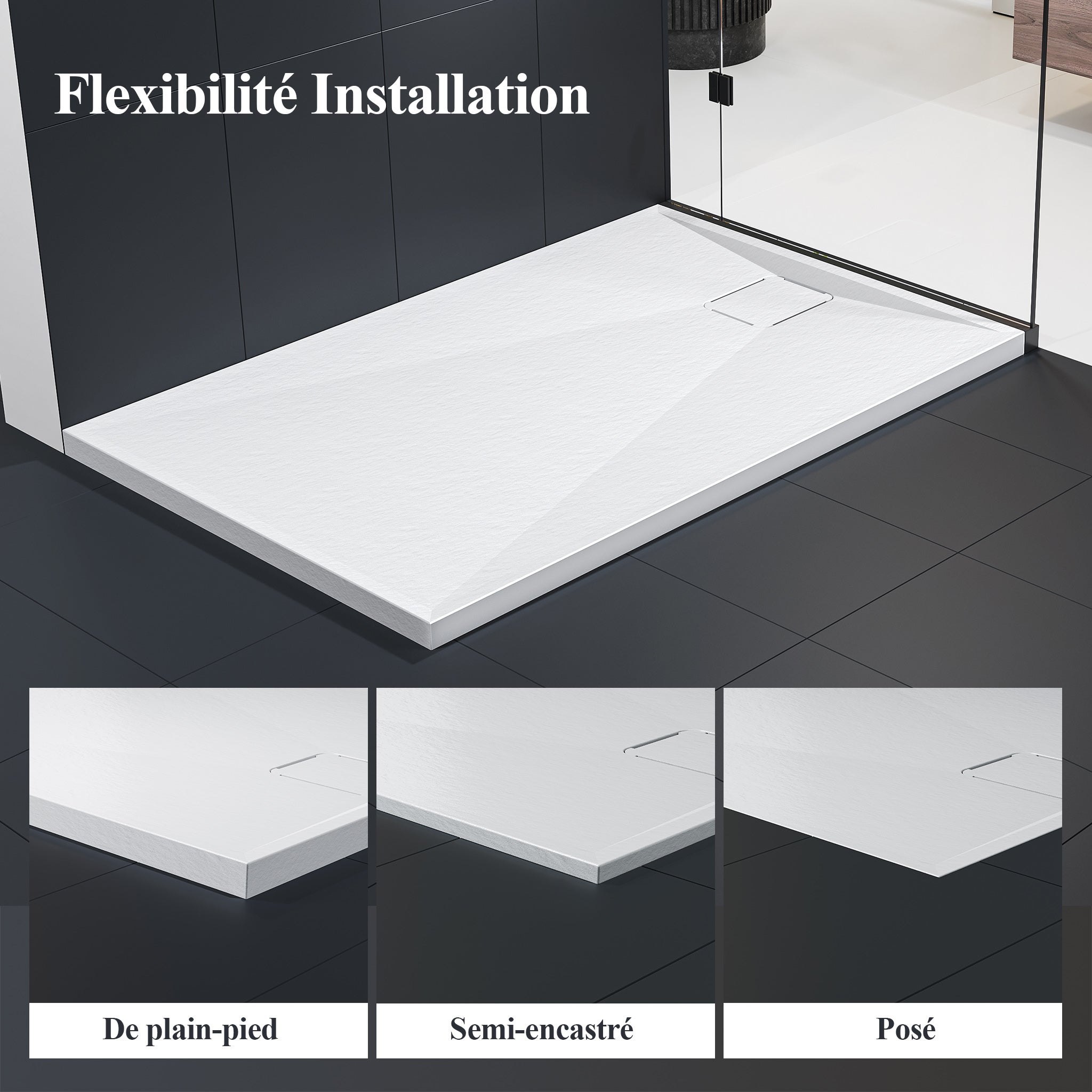 HOROW Receveur de douche blanc, Surface antidérapante, Convient aux salles de douche et aux cabines de douche - 90 x 80 cm / 100 x 80 cm / 120 x 80 cm - 3