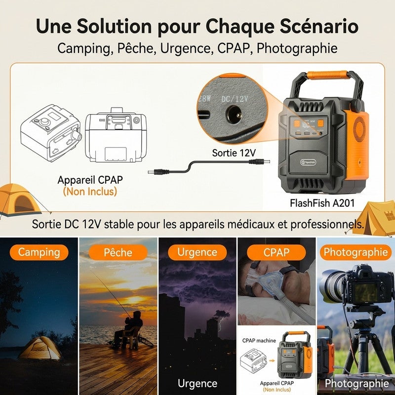 FLASHFISH A201 Station Électrique Portable 200W - Batterie Solaire 172,8Wh 48000mAh - AC 230V USB-C DC 12V - 5